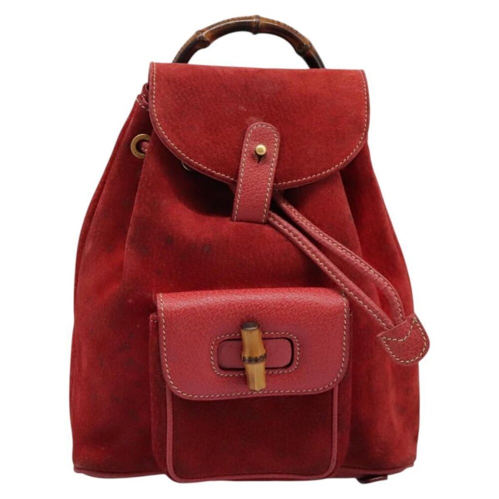 GUCCI Bamboo Backpack Suede Leather Red Gold - Picture 2 of 16